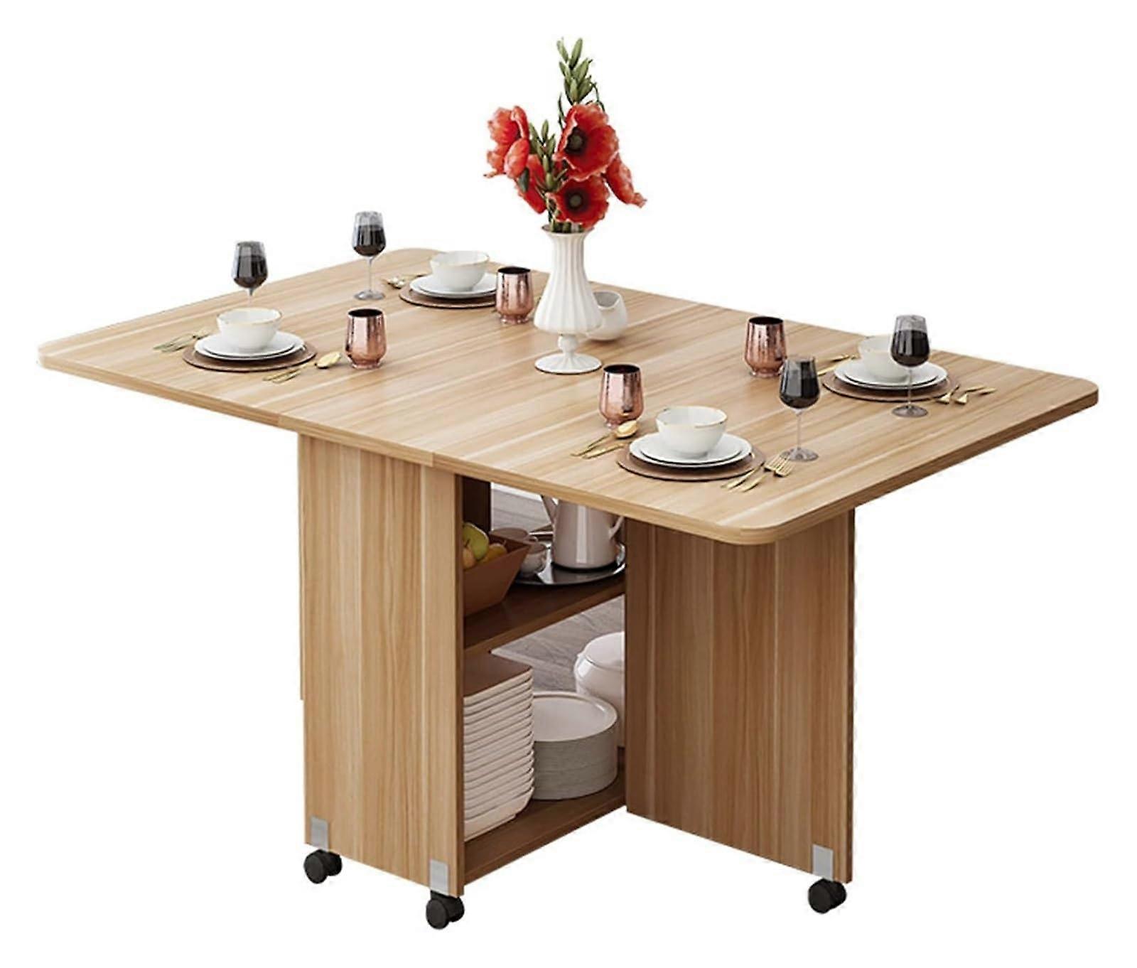 Expandable Kitchen Dinner Table Folding Table With 6 Wheels Rectangular Wooden DropLeaf 120 cm For Small Space Kitchen