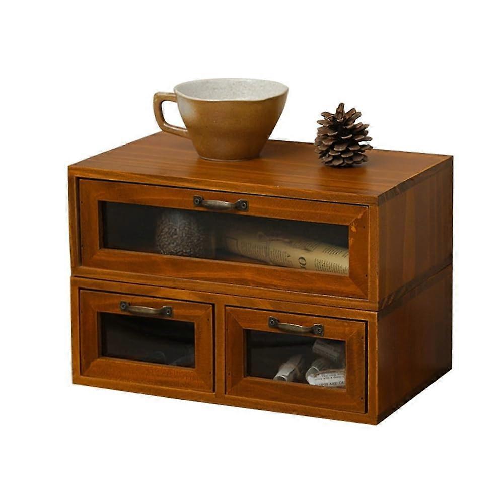 Office Desktop Organizer Wooden Drawer Storage With Shelf Cabinet For Computer Monitor And Dressing Table Double Drawer