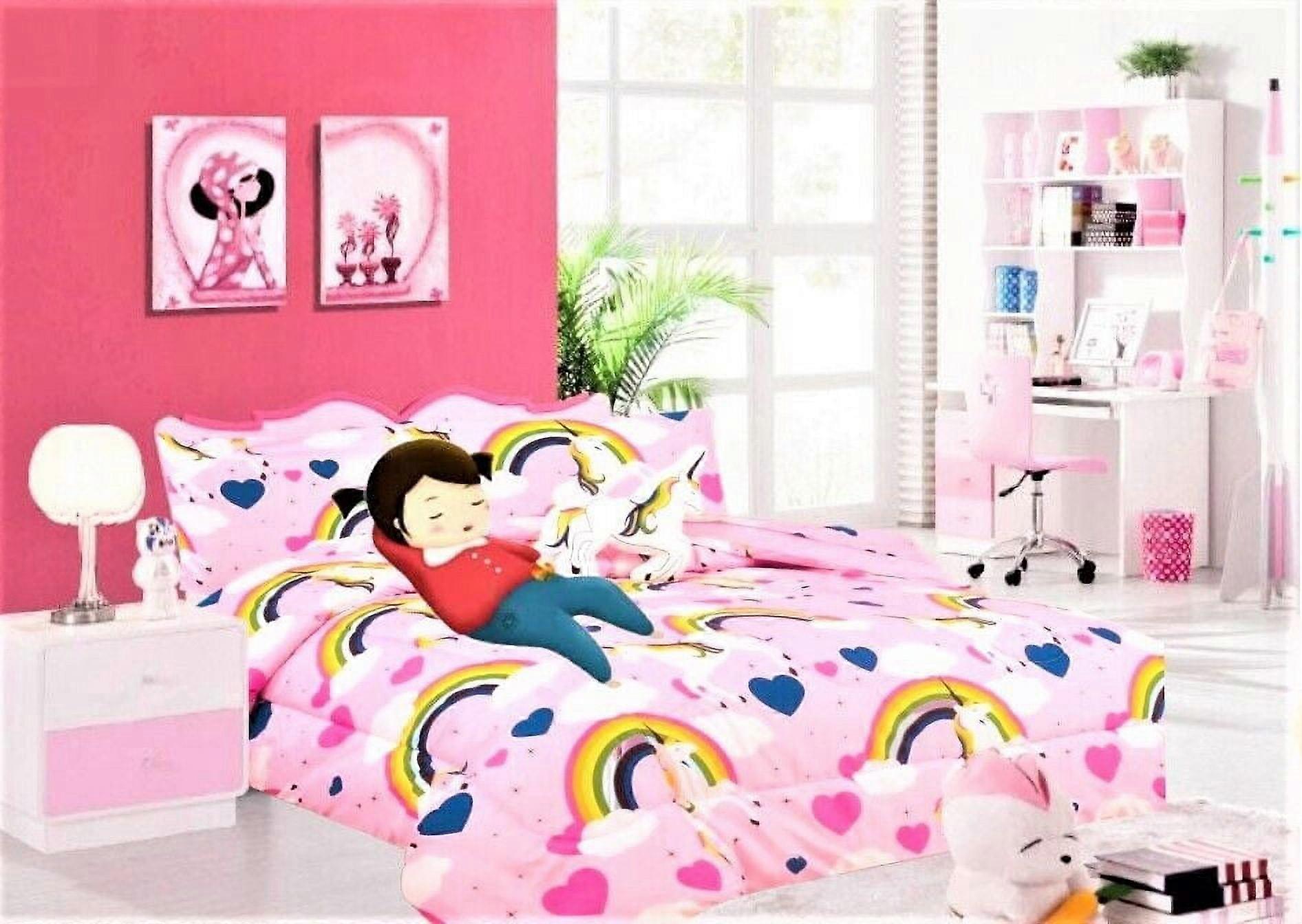 6pc Kids Comforter Set Twin Size, Unicorn Rainbow Reversible, Soft & Fluffy - Includes 1 Comforter, 1 Sham, 1 Flat Sheet, 1 Fitted Sheet, 1