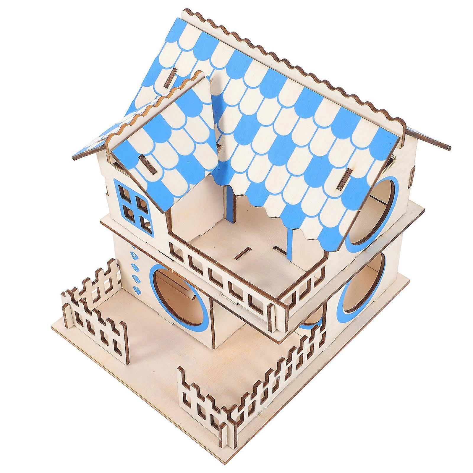 Wood Hamster House Double-Layer Villa For Small Pets Assorted Color Pet Play Area 1Pcs