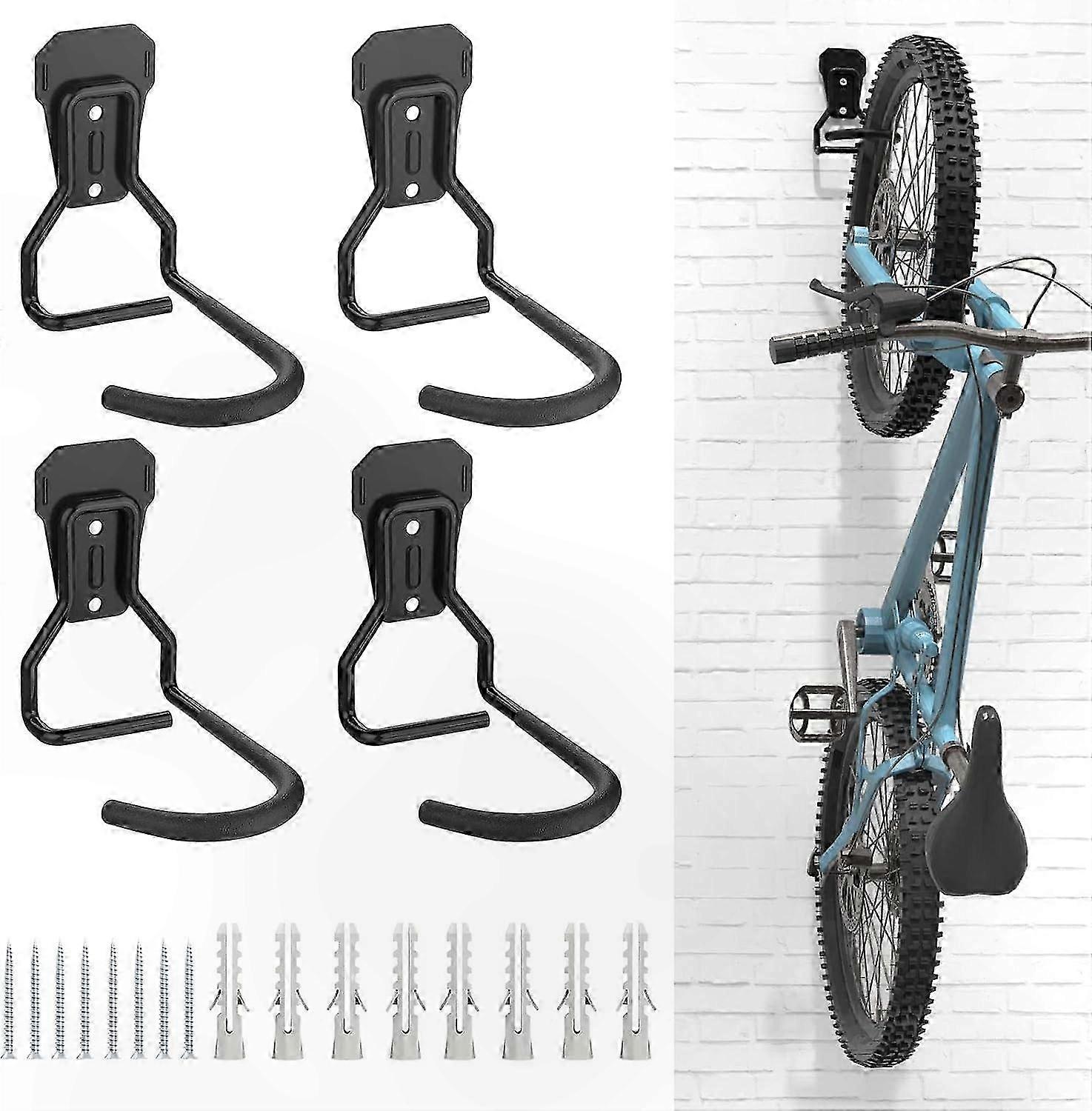 Black L-Shaped Bicycle Rack with 4 Hooks for Home and Garage Organization