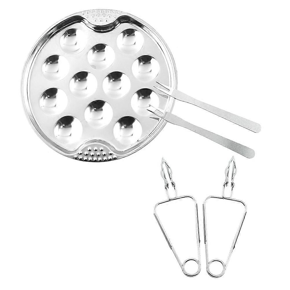 Silver Stainless Steel Escargot Dish for Snail Baking 3Sets with Clamp