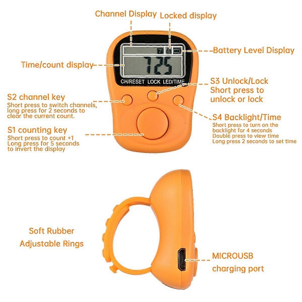Adjustable Finger Ring Electronic Counter 7-Channel Backlit Function Counter with Locking Rechargeab