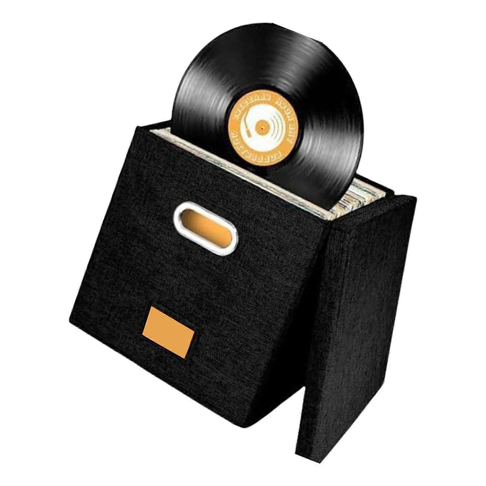 Vinyl Record Storage Box with Lid and Handles, Folding Organizer for Albums and Files, Black
