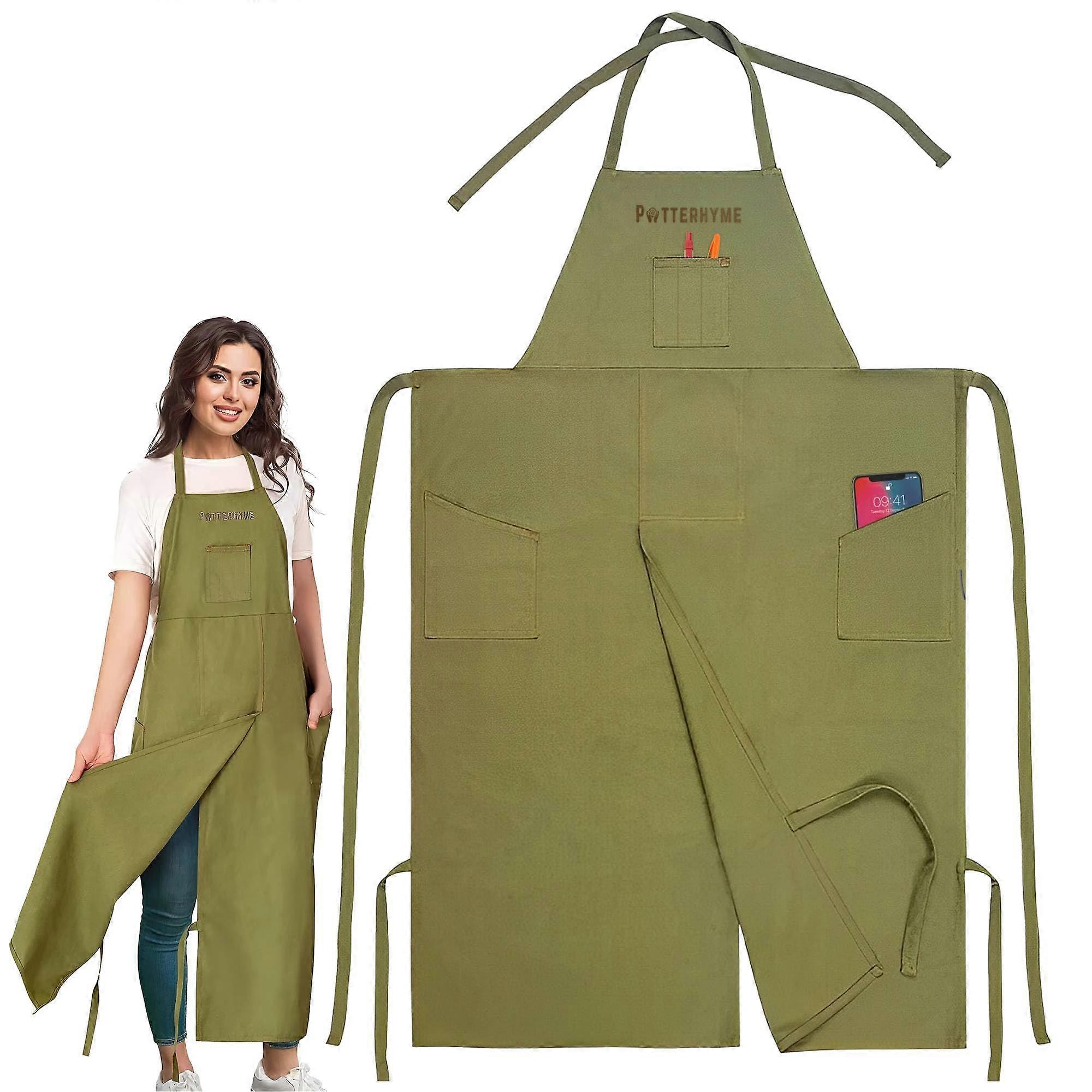 Full Coverage Cotton Canvas Pottery Apron with Split Leg, Tool Pockets and Leg Straps, Green