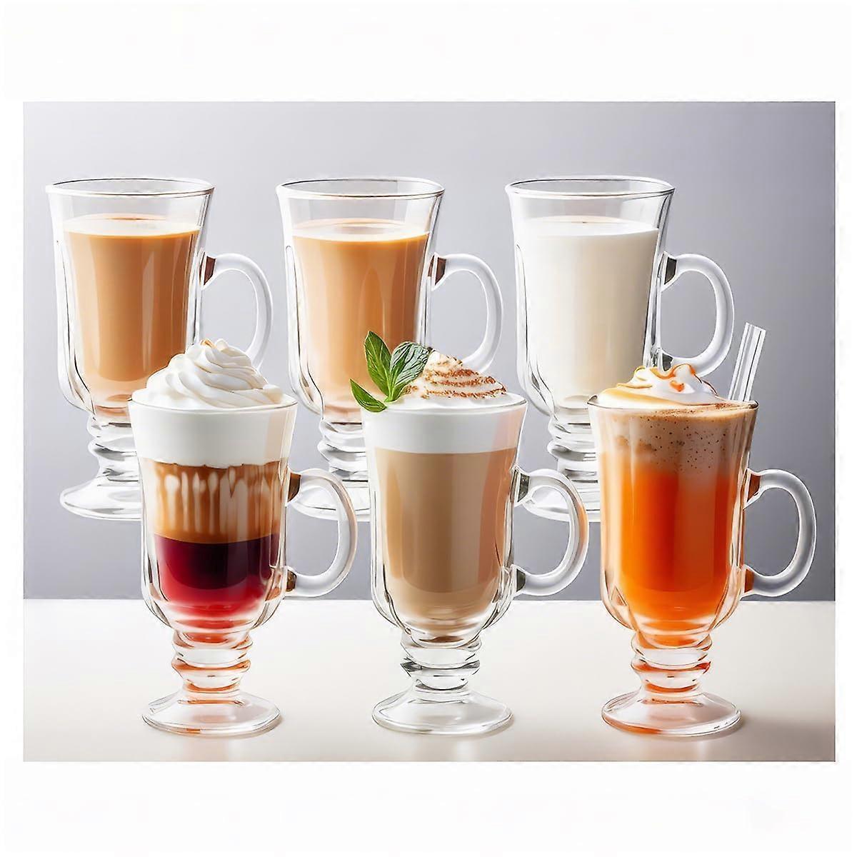 Set of 6 Glass Coffee Mugs with Handles 8oz Thermal Resistant Clear Goblets for Irish Latte Cappuccino