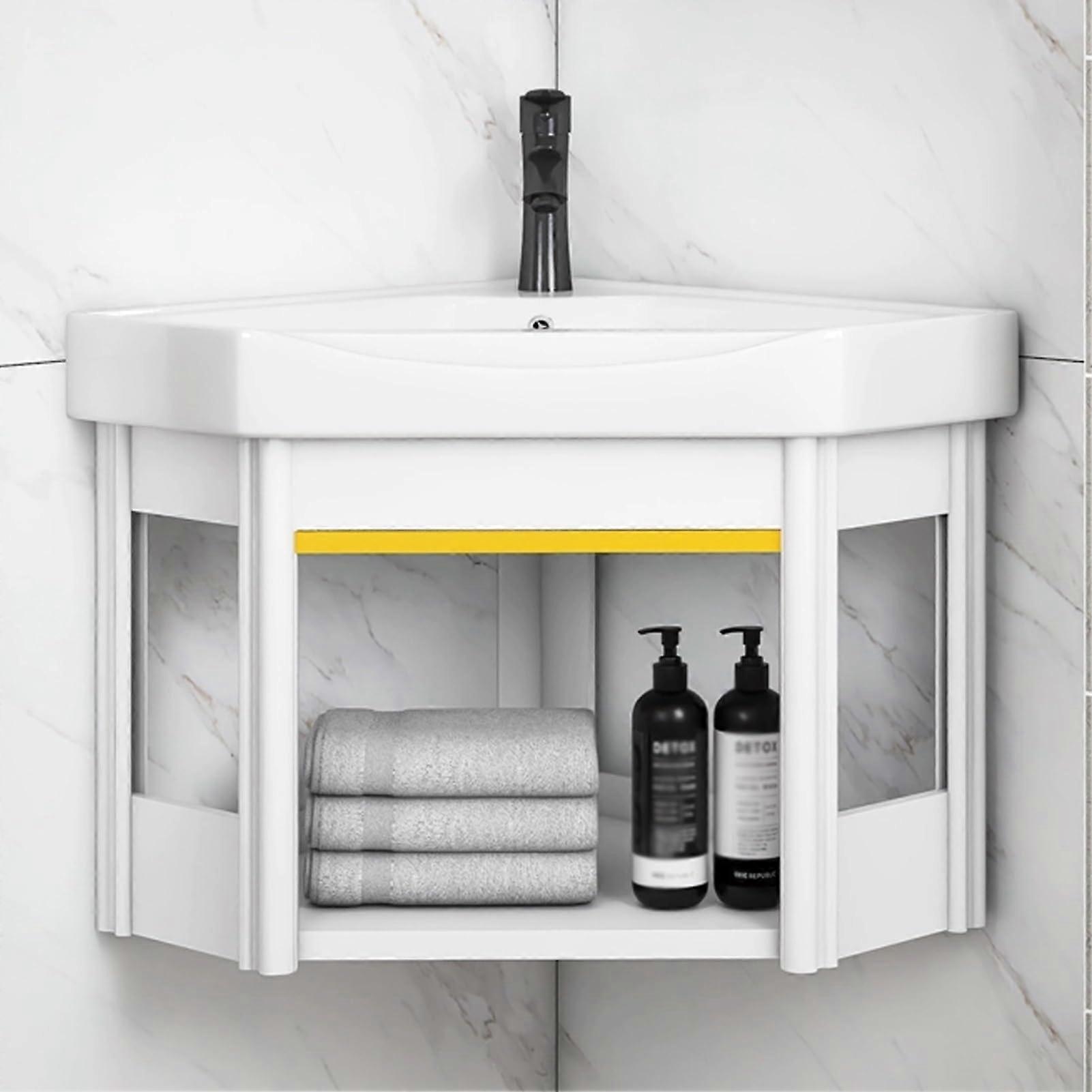 Corner Bathroom Sink with Storage Cabinet, Wall Mount Triangular Vanity Basin for Small Bathrooms 42cm Ref:6133