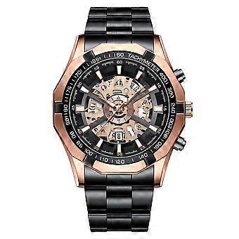 30 m wasserdichte, leuchtende Quarzuhr, Farbe: Schwarz/Stahl-Roségold/Schwarz