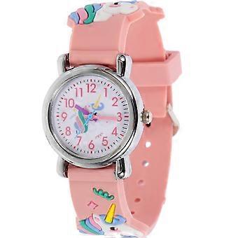Cartoon-Armbanduhr für Kinder, Einhorn-Uhr, rund, rosa, Lernspielzeug, 1 Set