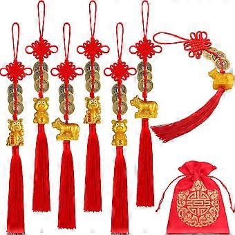 6 Pieces Chinese Knot 2022 Gold Chinese New Year of Tiger Charm Decorations Tiger Year Feng Shui Coins Red Hanging Chinese Feng Shui Decorations with 