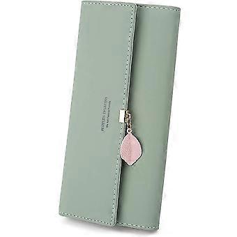 Carteira Verde das Mulheres Longo Card Holder Coin Bolsa Zíper com Pingente de Couro PU Folha, 10 Slots de Cartão para Presente de Dia dos Namorados de Natal