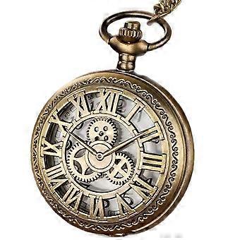 Relógio decorativo retrô steampunk com engrenagem oca e tampa articulada, com corrente, acessório de liga metálica para fantasias, aniversários e uso diário.