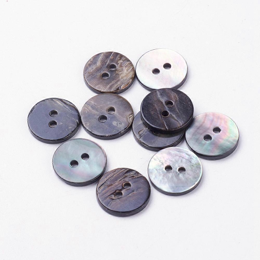 100pcs 2-Hole Shell Buttons Flat Round Black 15x2mm Hole: 2mm
