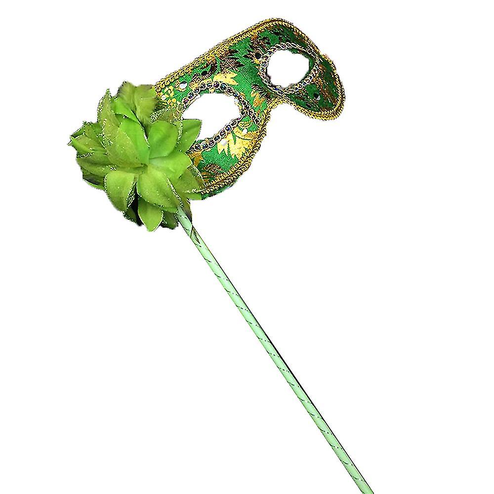 Lace Veil Translucent Half Face Mask On Stick With Side Feather Flower