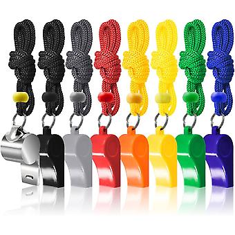 7 Pack Plastic Coaches Referee Whistles with Lanyards, 1 Pcs Stainless Steel Metal, Colorful Whistles for Football Sports Lifeguards Survival Emergen