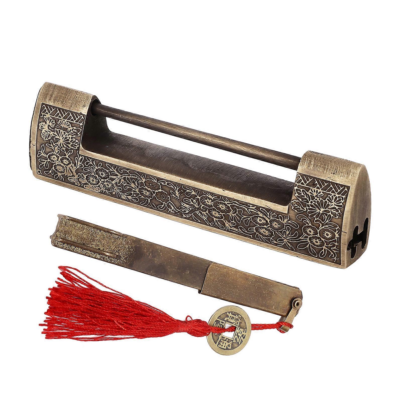 Antique Padlock with Key 9cm/3.5in Vintage Old Chinese Lock Decorative Carved Lock Latch Lock Decorative Furniture Lock Set for Door Cabinet Jewelry B