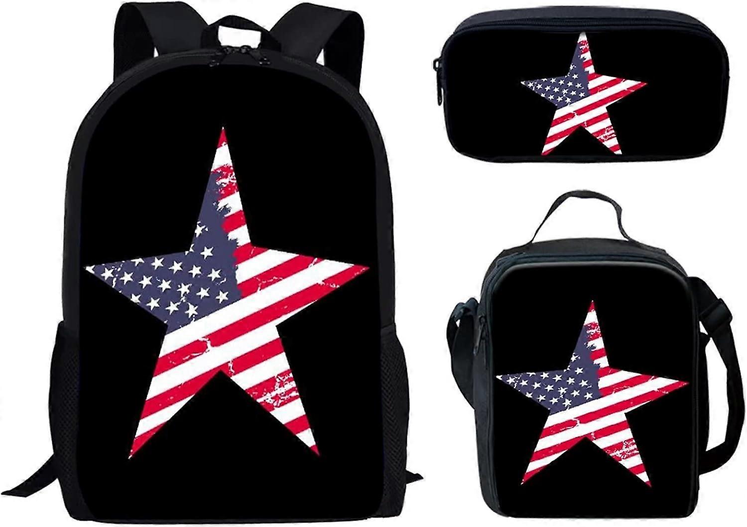 American Flag Star Print Kids School Backpack with Insulated Lunchbox Pencil Bag Washable,3Pcs Backpack Combo Kit