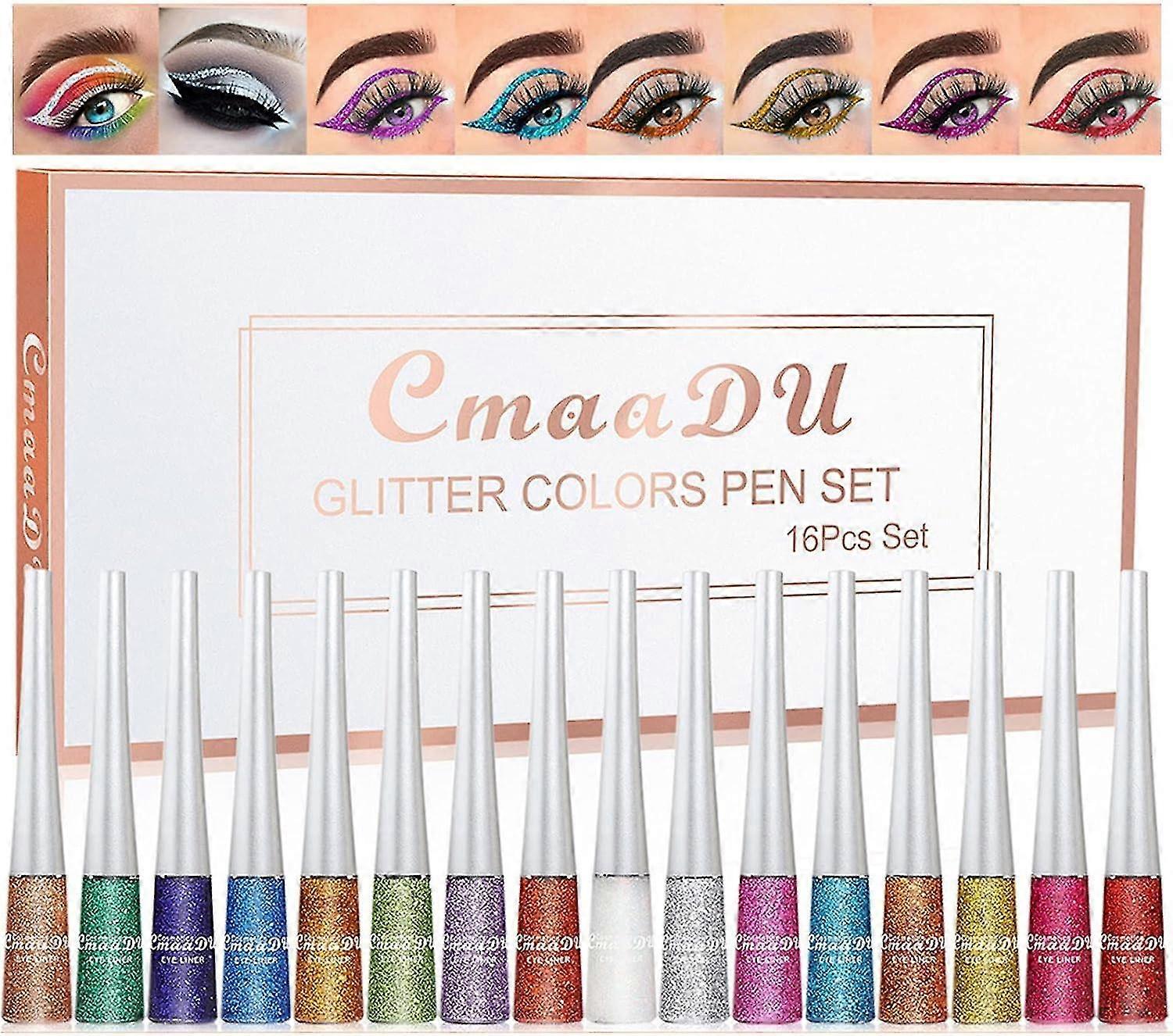 16 Colors Liquid Glitter Eyeliner Set, Metallic Diamond Shimmer Eye Liner, Waterproof Long Lasting Glow Eyeliner Colorful Eye Shadow