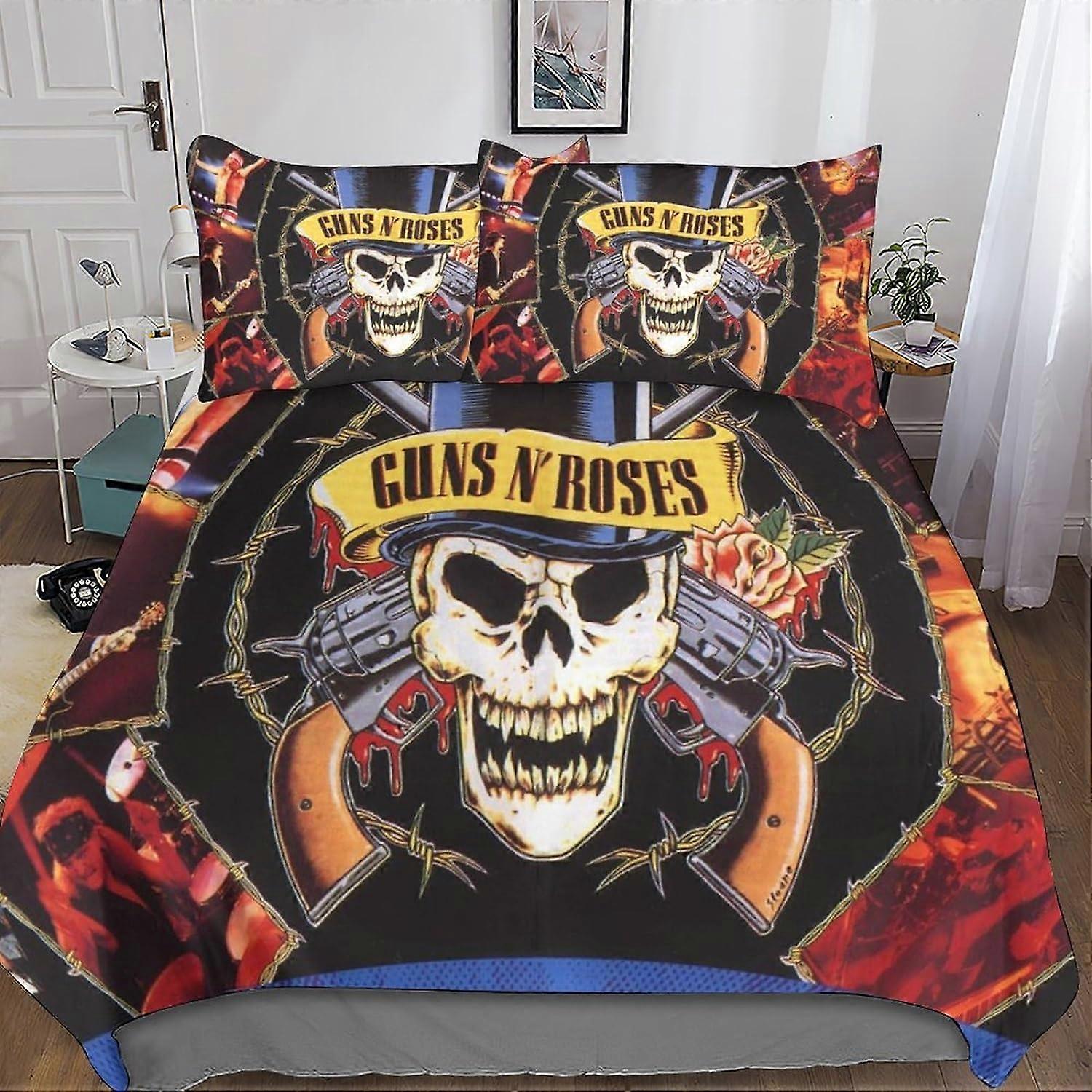Gun and Rose 3D Bedding Set with Skull Duvet Cover Pillowcase, with Zipper Closure Microfiber 3 Pcs Suitable for Boys and Girls