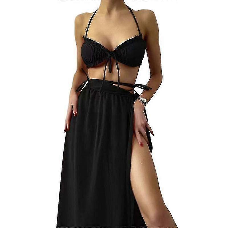 ملابس استحمام مثلث بيكيني للسيدات مع تنورة شاطئ شبكية 3 قطع