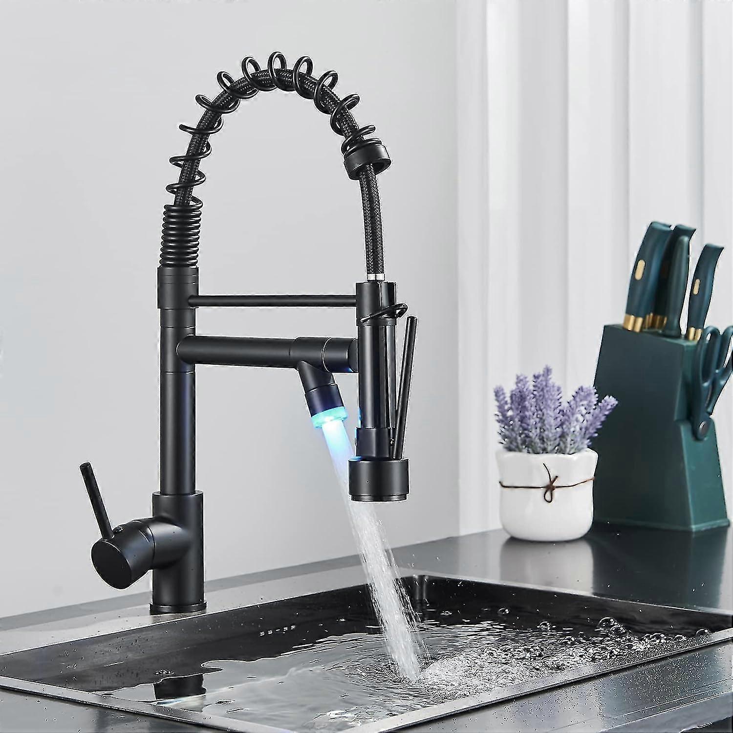Commerical Kitchen Faucet With Pull Down Sprayer, Single Handle Kitchen Sink Faucet With Led Light 2 Spout
