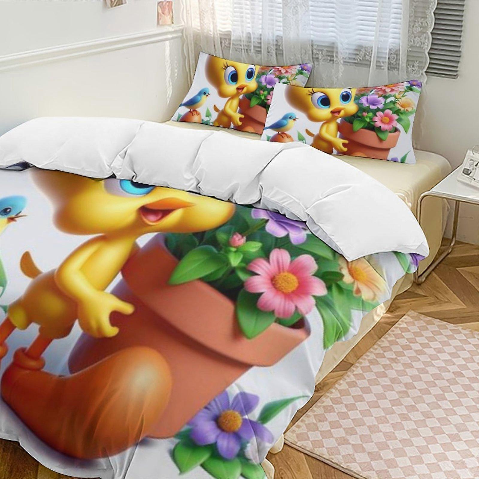 c597 TweetyBird 2 Copripiumino da letto Set di biancheria da letto in microfibra Set di trapunte leggere da 3 pezzi, 1 copripiumino e 2 cuscini per bambini ee597