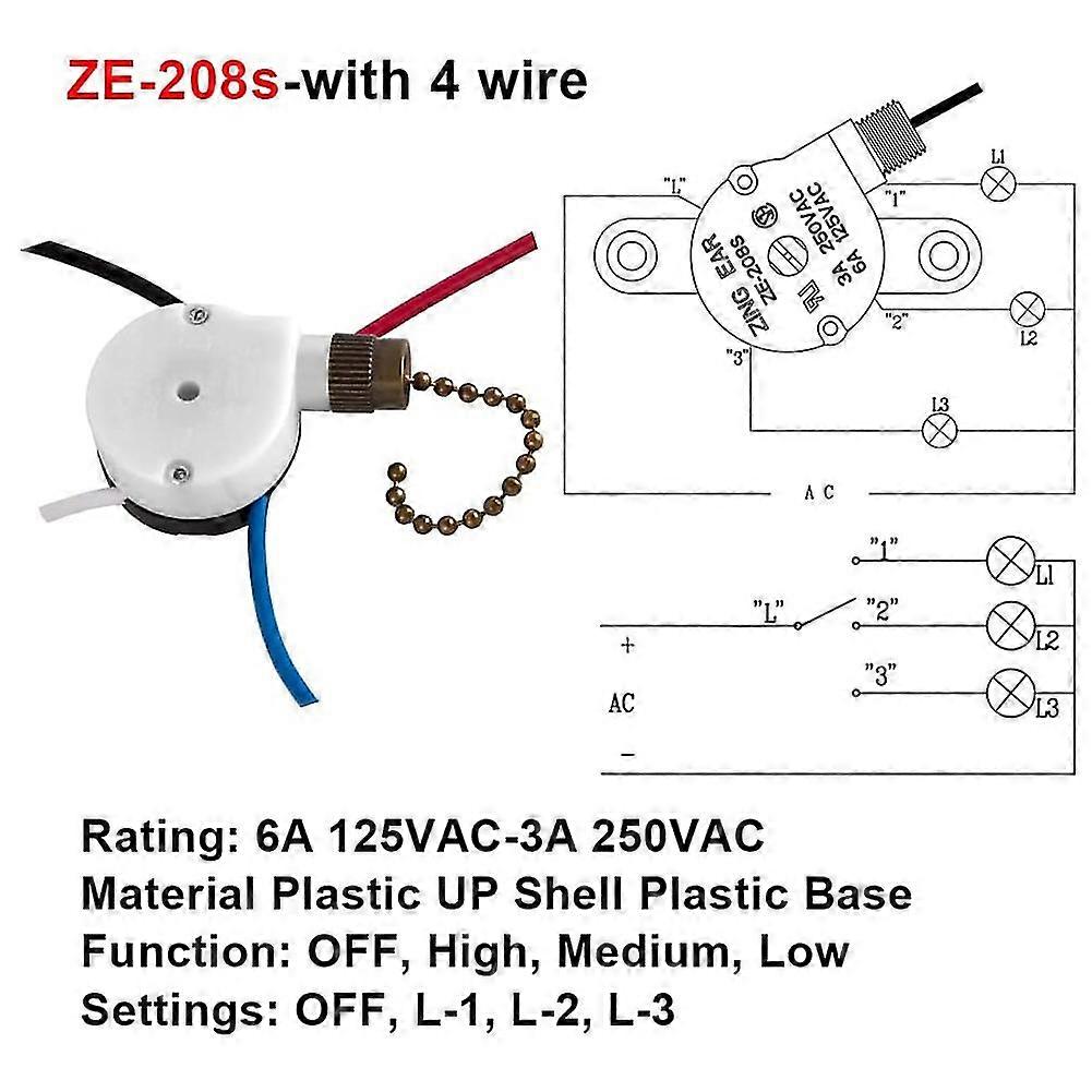 Ceiling Fan Switch Zing Ear Ze-208s E89885 3 Speed 4 Wire Chain C