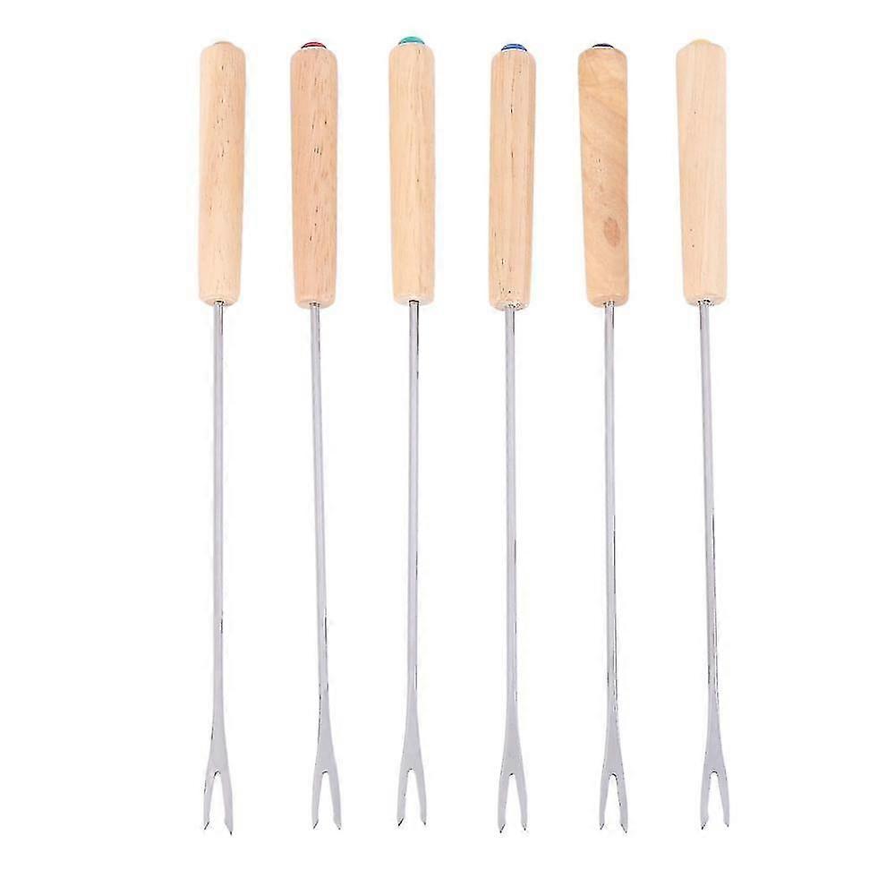 Stainless Steel Color Coding Chocolate Fountain Cheese Fondue Forks With Oak Wood Handle Heat Resis