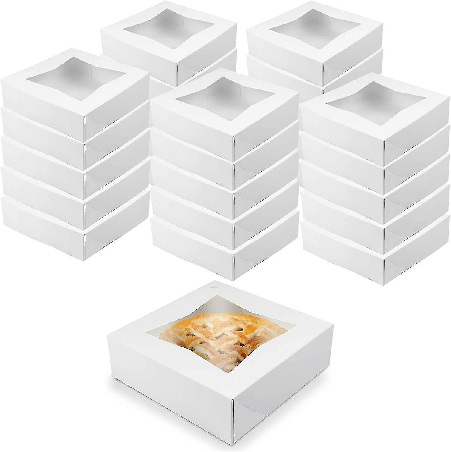 White Bakery Boxes With Window 8x8x2.5 In, 25 Pack, Display Pies, Pastries, Cupcakes And Cookies | Paperboard White Kraft Auto-popup Window Cak
