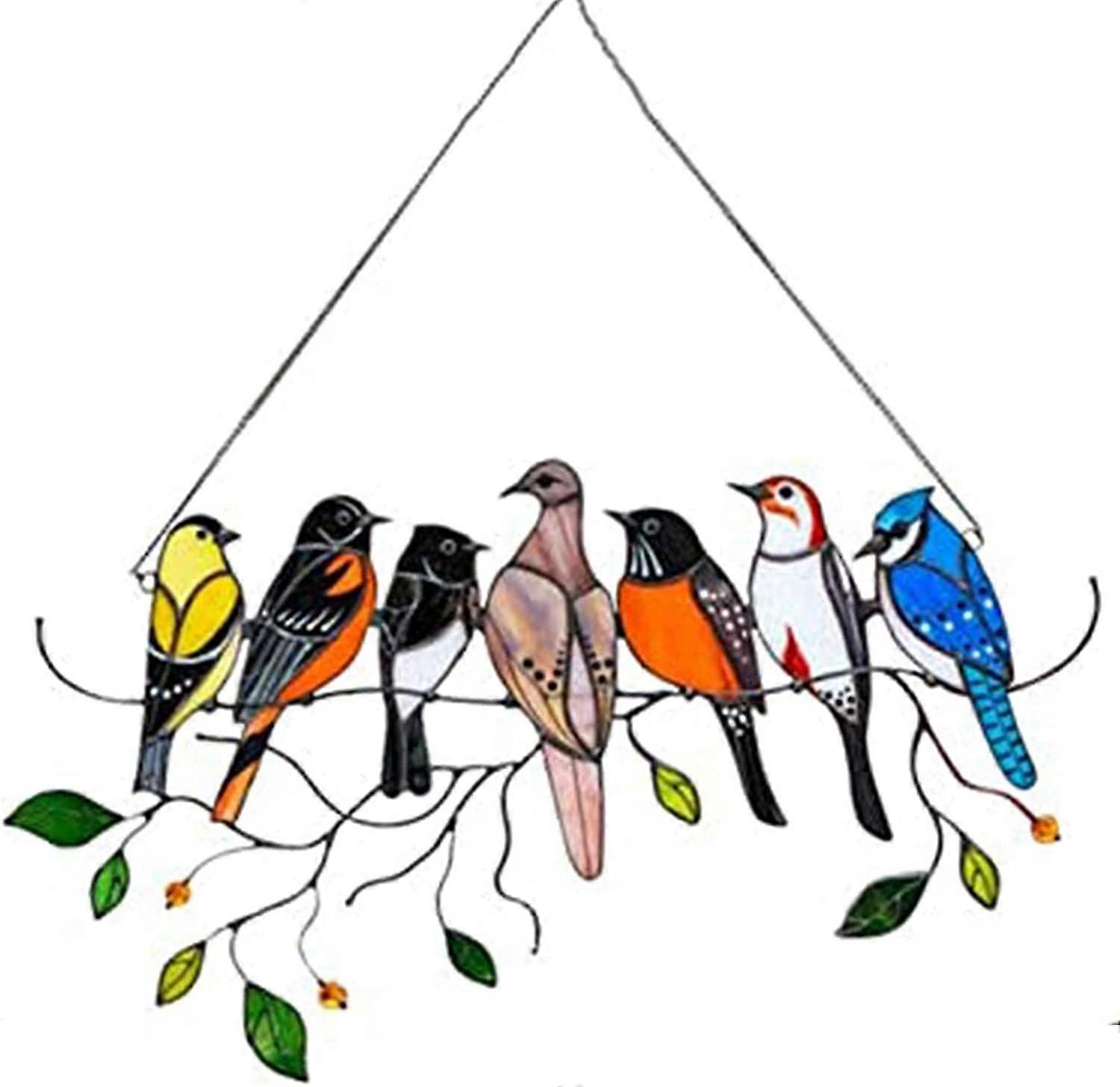 Multicolor Birds On A Wire Window Panel, Bird Series Ornaments Pendant Home Decoration, Hanging Window Decoration