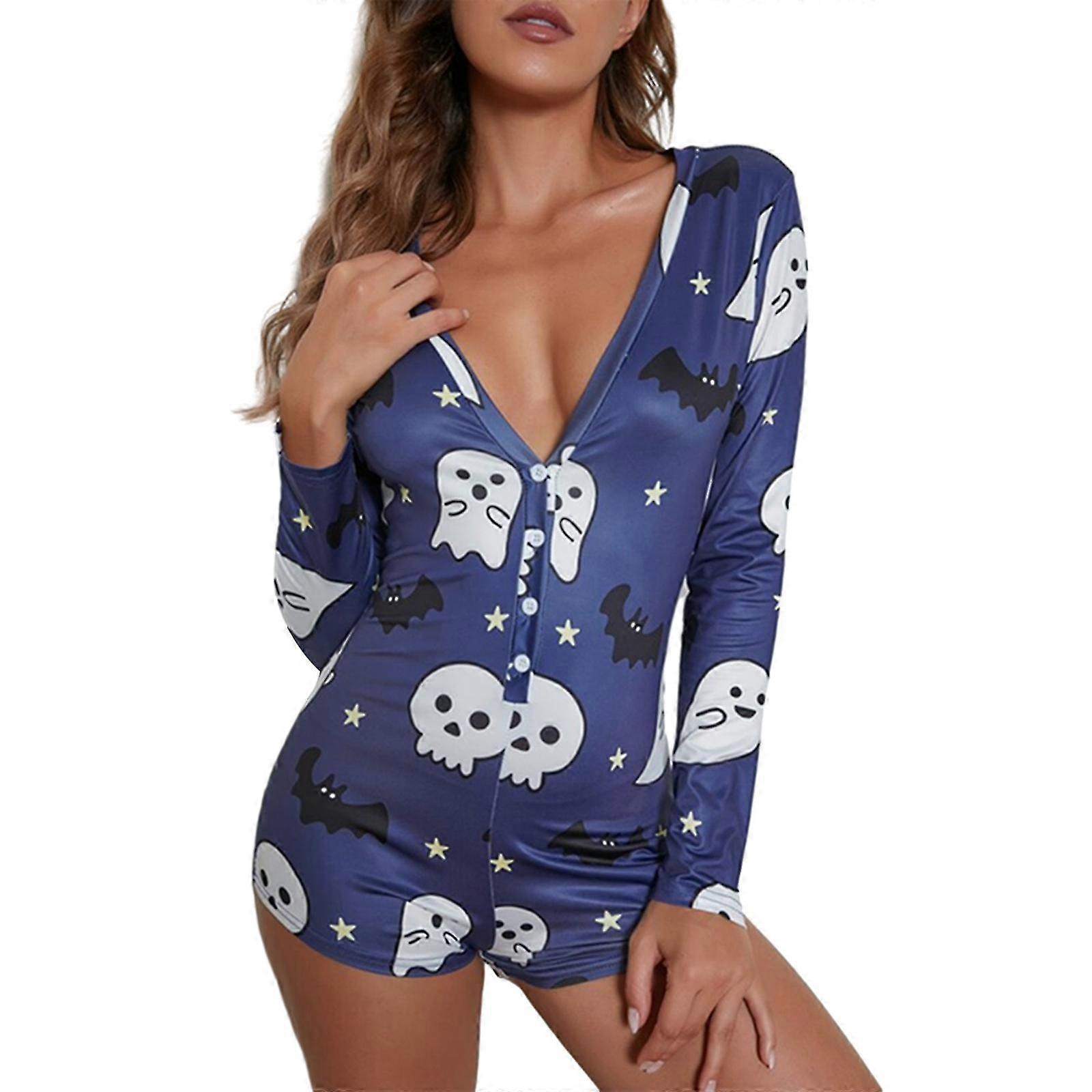 Women Halloween Sexy Pajamas Long Sleeve V Neck Bodycon Romper Jumpsuit Shorts Rave Bodysuit Outfit