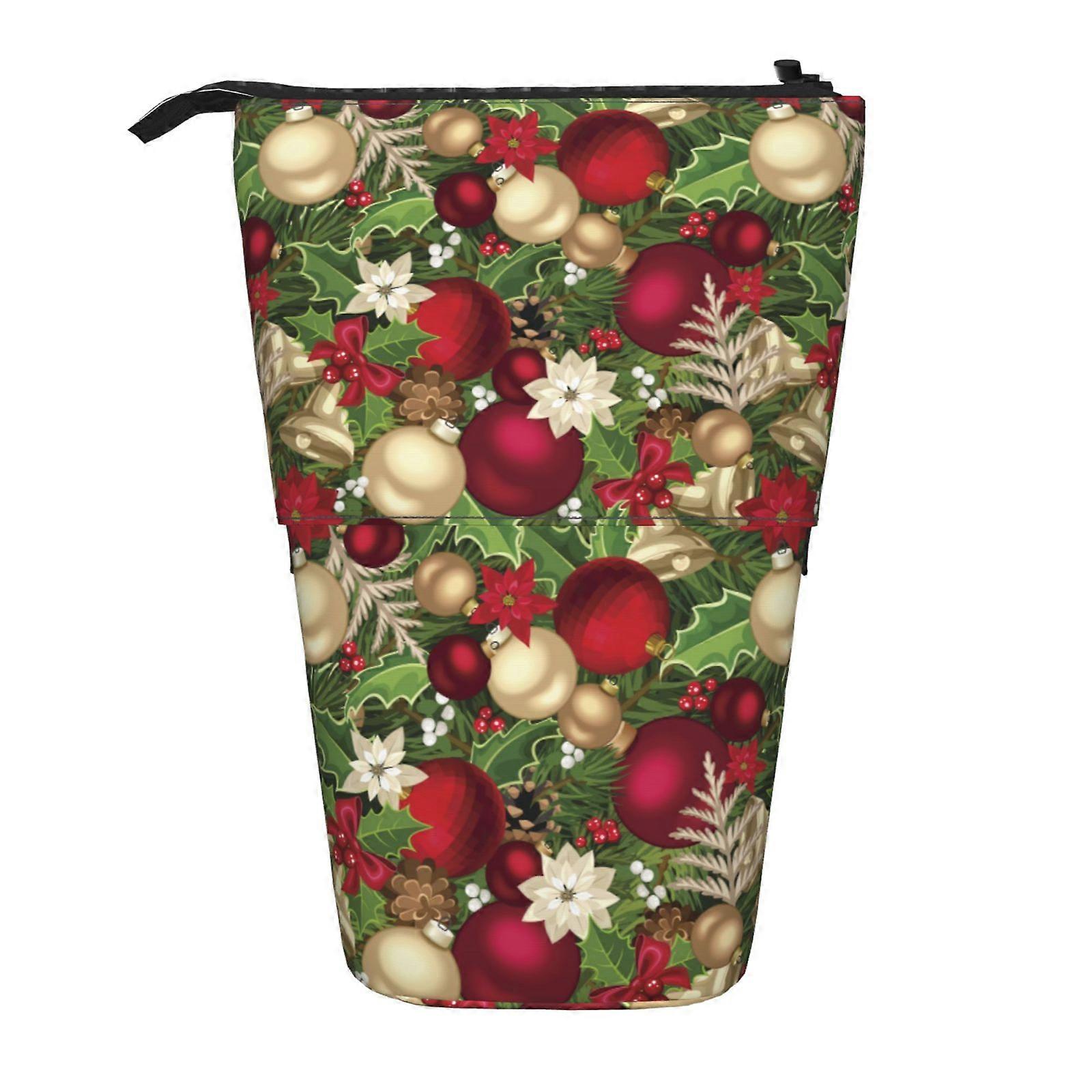 Blooming Poinsettia Holly Berry Christmas Pattern Pencil Case Stand Up Pencil Bag Telescopic Pencil Case With Zipper Portable Makeup Bag