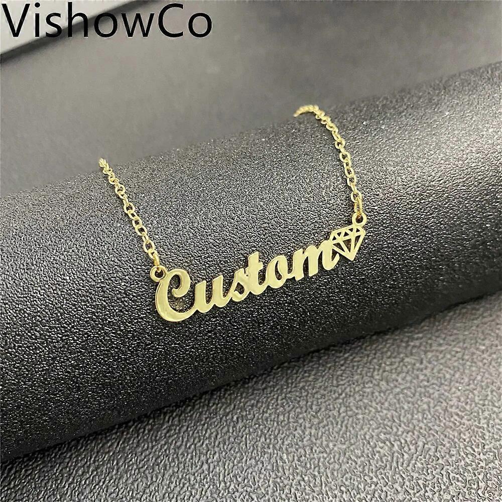 VishowCo Custom Name Halskæde Rustfrit stål Gold Choker Personligt navn med Diamond Vedhæng Halskæde Smykker til kvinder Gave