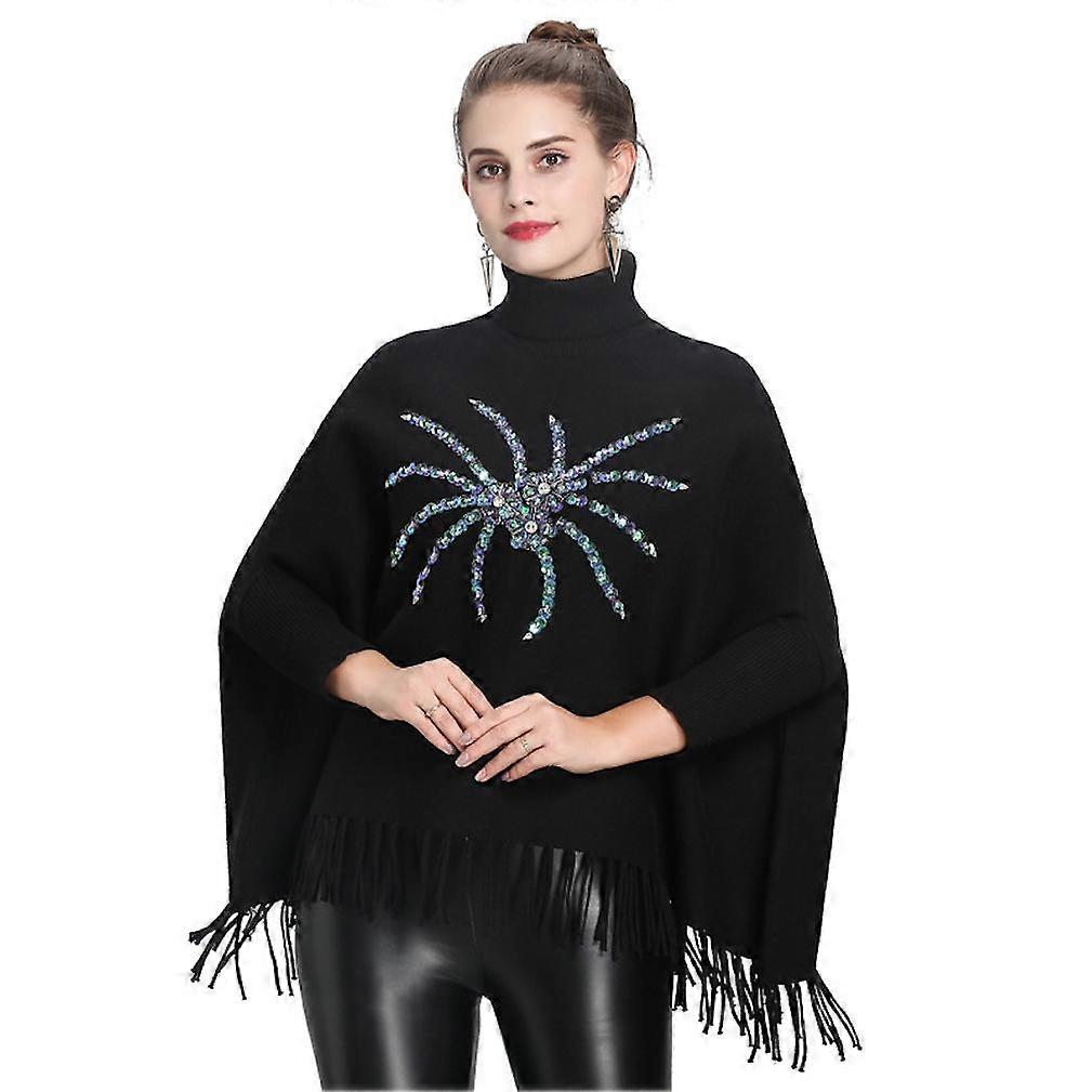 Black Sequined Loose Turtleneck Pullover Wrap Shawl Batwing Blouse with Tassel Knitting Cape for Lady