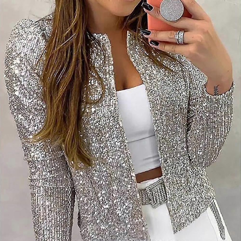 Women's Cardigan Long Sleeve Shiny Sequin Coat Open Front Casual Female Jacket