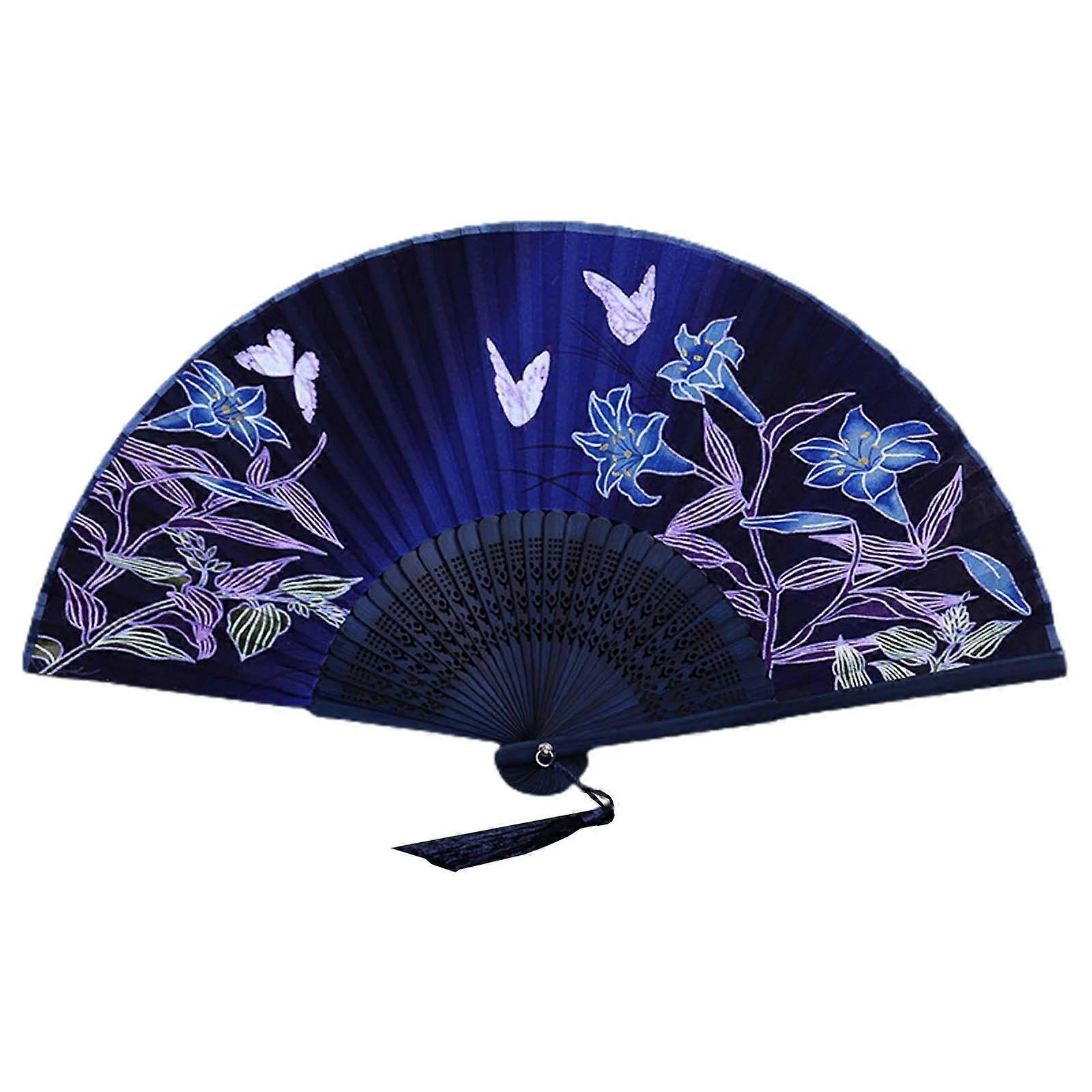 Chinese Style Vintage Handheld Folding Fan with Tassel Lily for Butterfly Patter