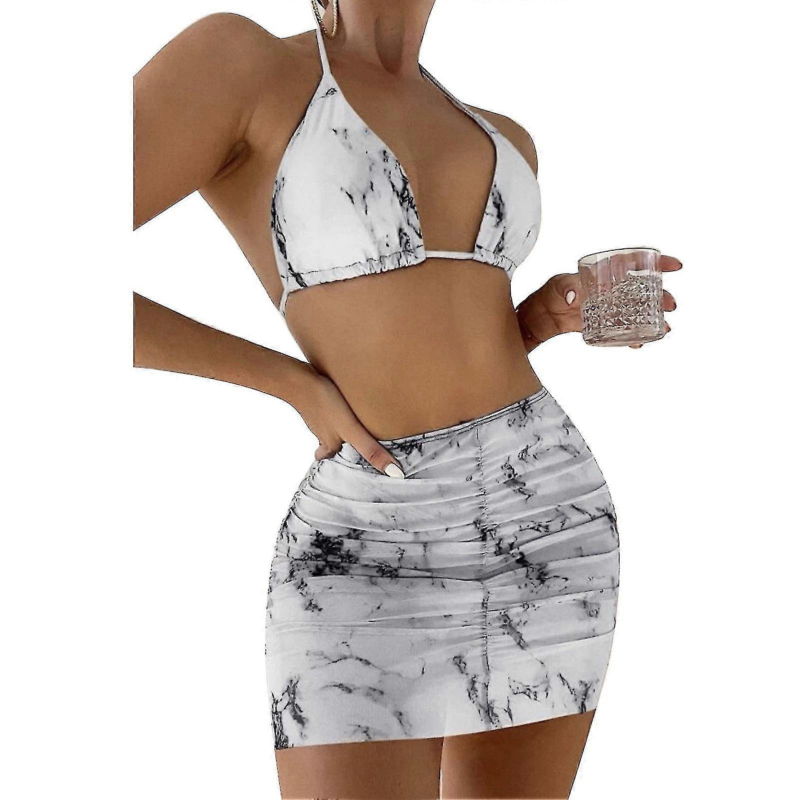 Bikini Costume Cravate Halter Neck Backless Print 3 pièces Maillot de bain avec Mesh Cover Up Jupe pour Beach Pool Party