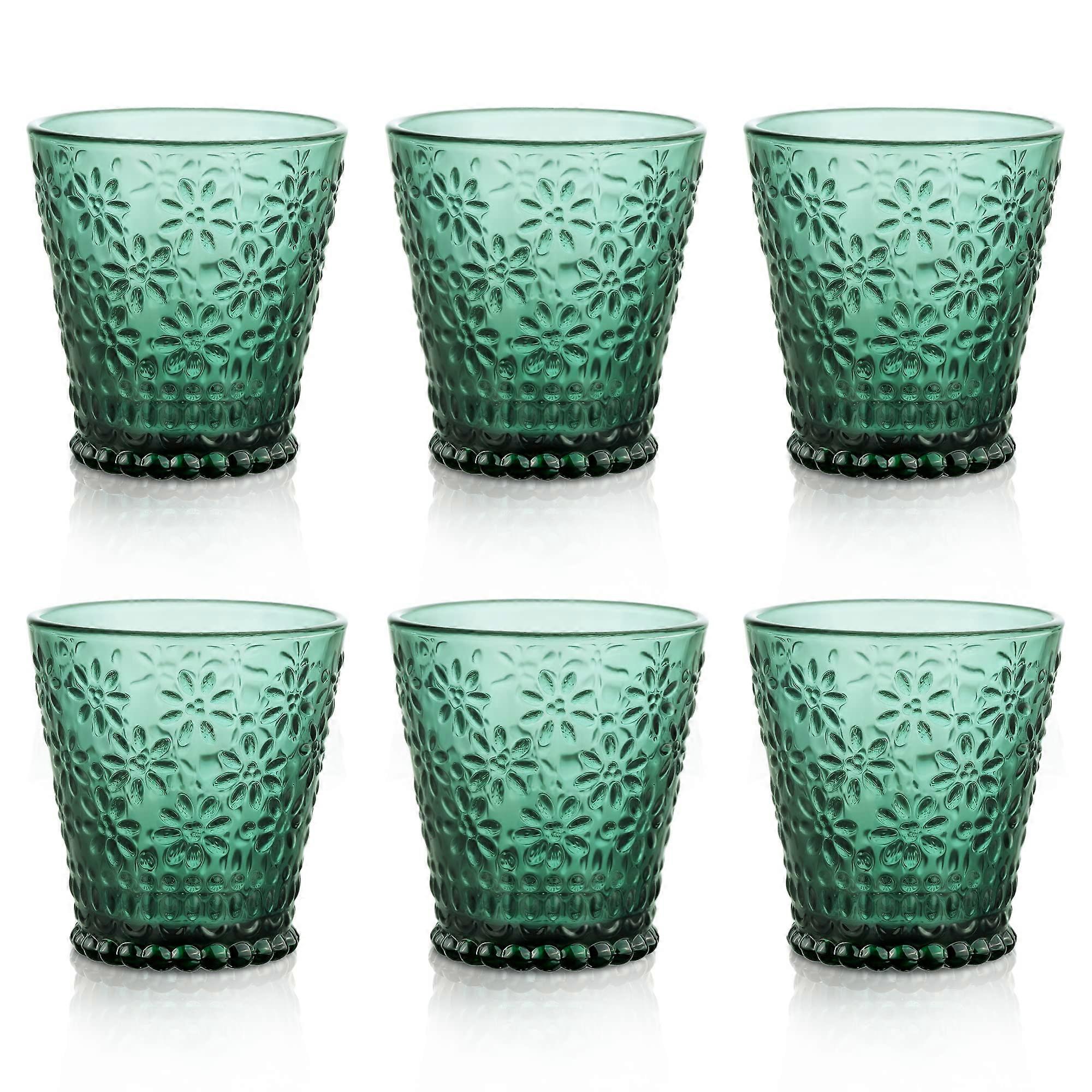 Colorful Glass Drinking Glasses with Daisy Pattern, Vintage Stackable Set