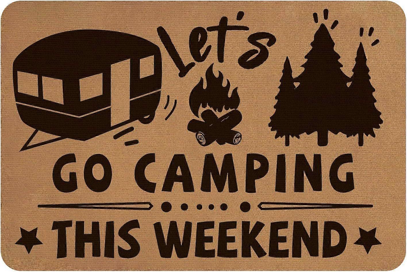 Linen and Rubber Ground Mat Rectangle with Word Let's GO CAMPING THIS WEEKEND Peru Word 40x60cm