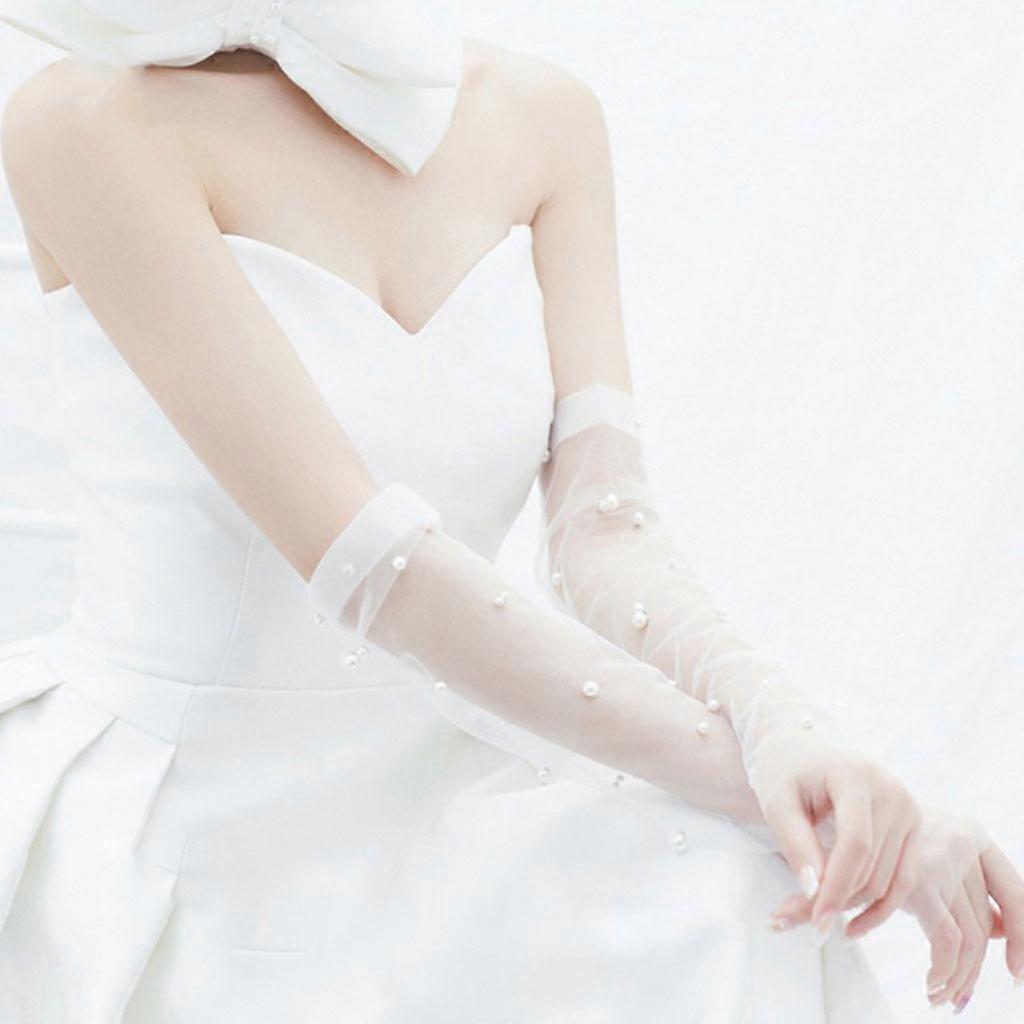 Einfaches Hochzeitskleid Dünnes Netz Weiß Handschuhe Imitation Perle Perlen Braut Ellbogenlänge Lange Fäustlinge Fotografie Requisiten Weiß