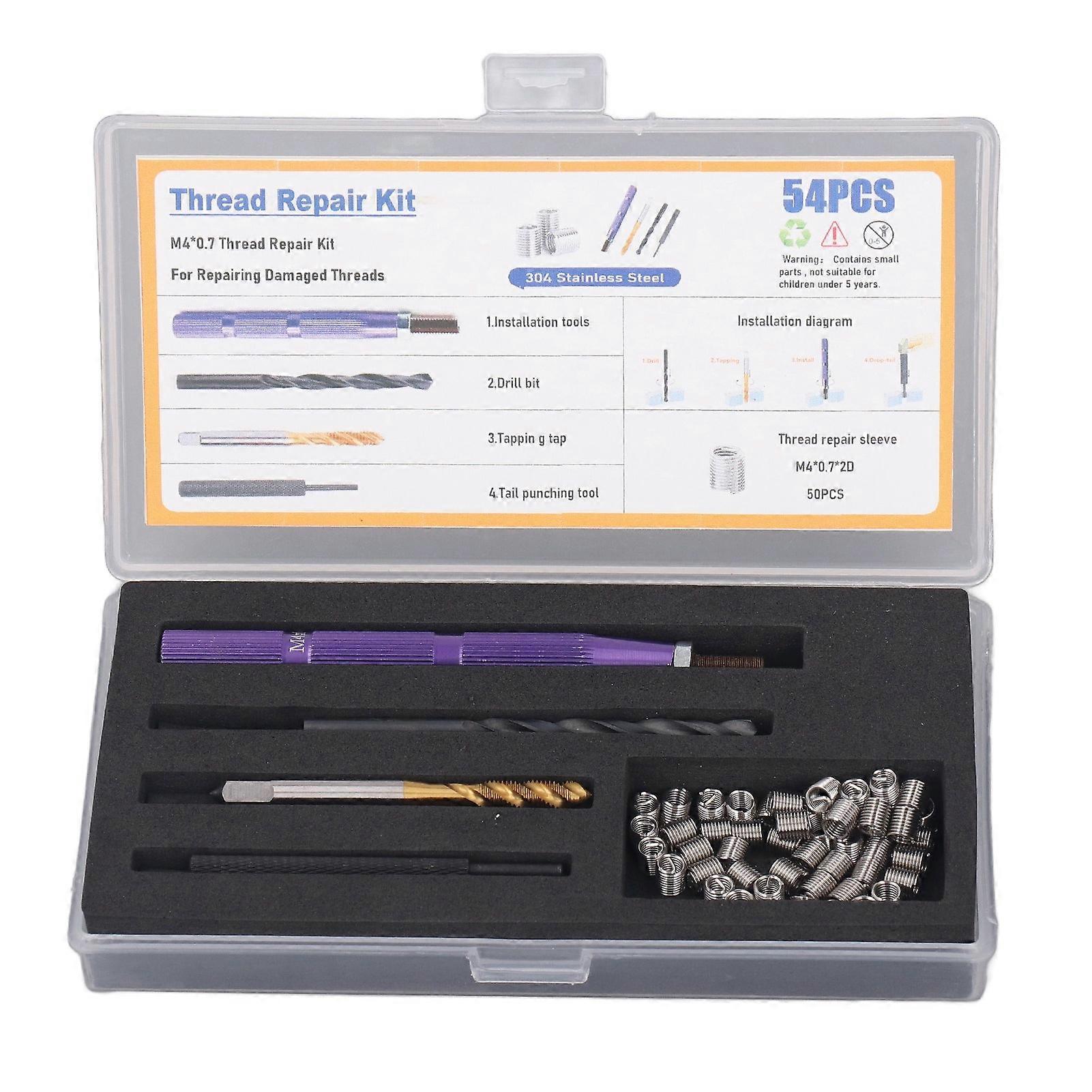 54PCS Set Metric Thread Repair Kit 304 Kit d’insertion de réparation de filetage en acier inoxydable pour la maison