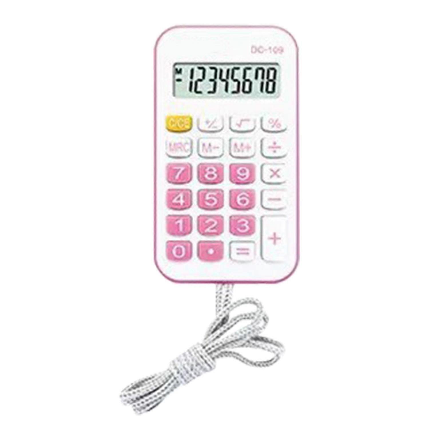 Pocket Calculator Mini Small Portable for Students School Office Supplies with Rope Pink