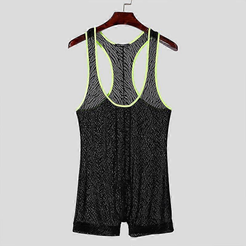 INCERUN Men Sleeveless Patchwork Lace See Through Mesh Playsuit Jumpsuits