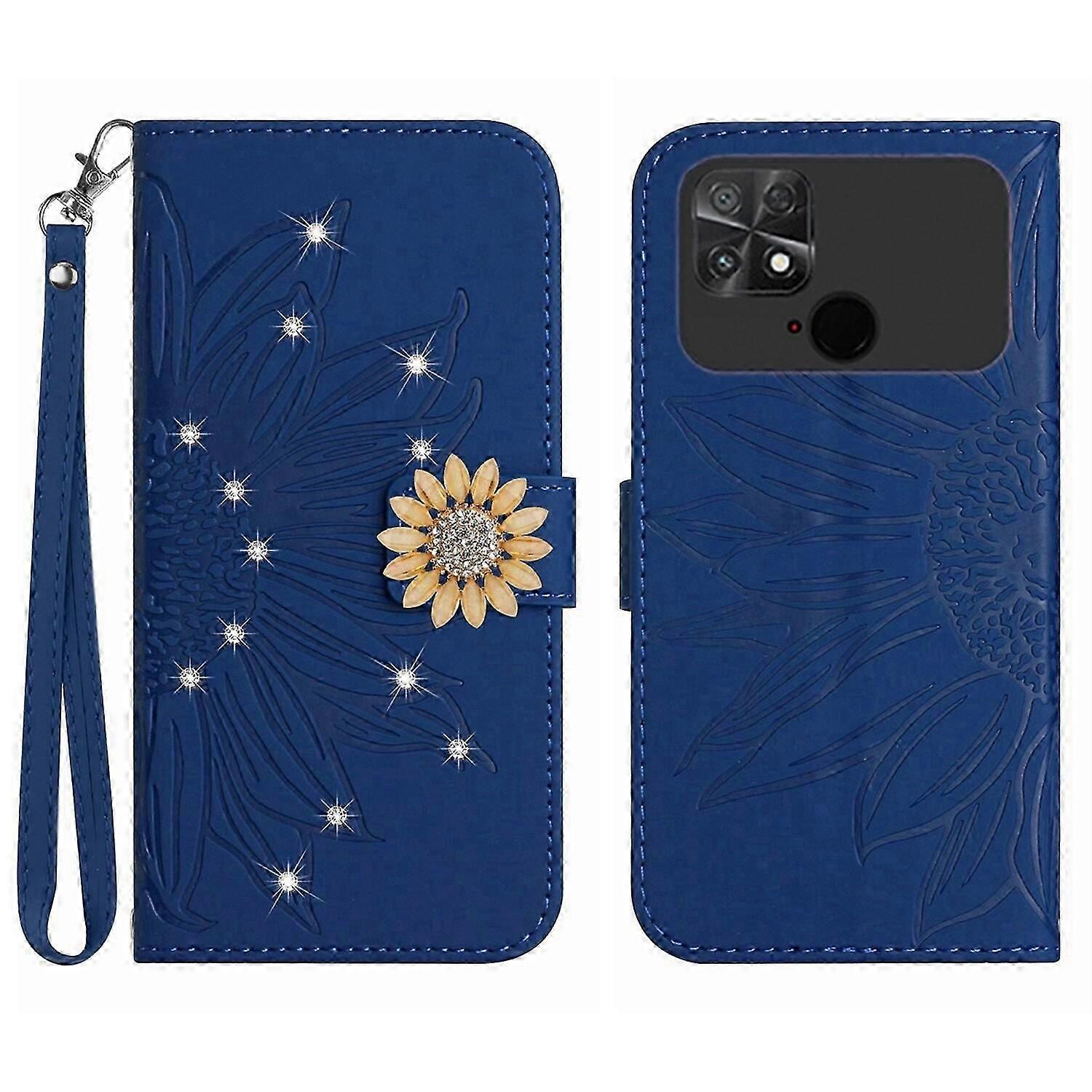 Compatible With Xiaomi POCO C40 Embossed Sunflower with Diamonds Magnetic Card Holder Wallet Phone Case with Short Strap