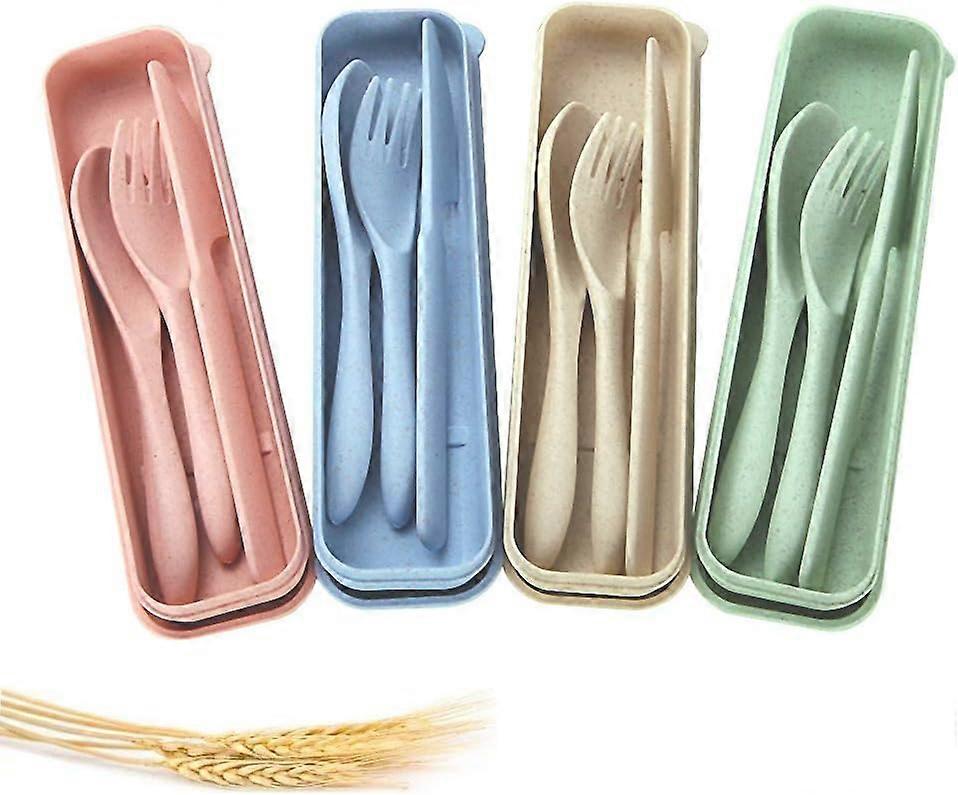 4-piece portable tableware wheat straw tableware spoon tableware set suitable for children adults travel camping $ wheat straw portable tableware