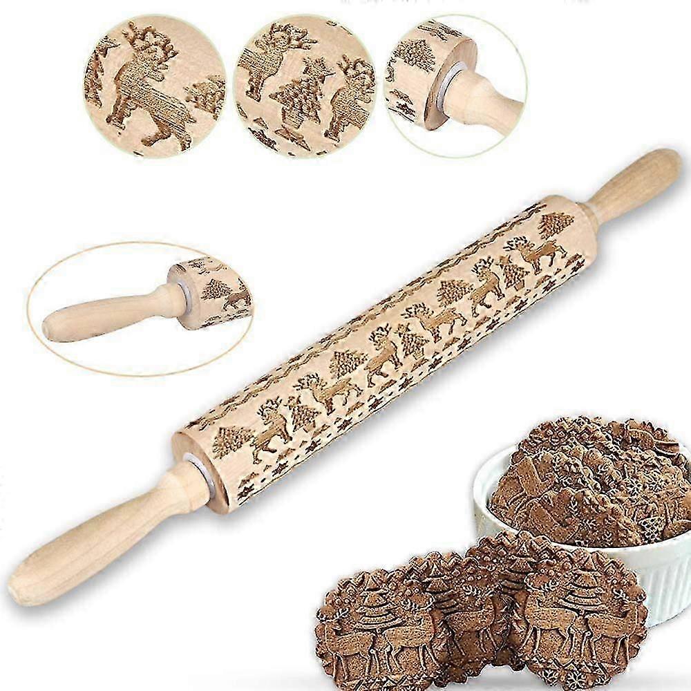 Embossed Wooden Rolling Pin, Engraved Embossing Rolling Pin with Christmas Flower Pattern