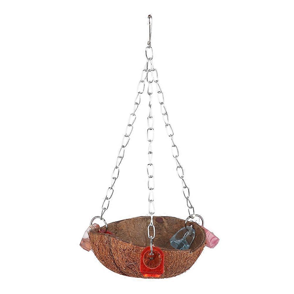 Pet Birds Toy Squirrel Coconut Shell Hanging Basket Sling with Acrylic Rings for Parrot Hammock