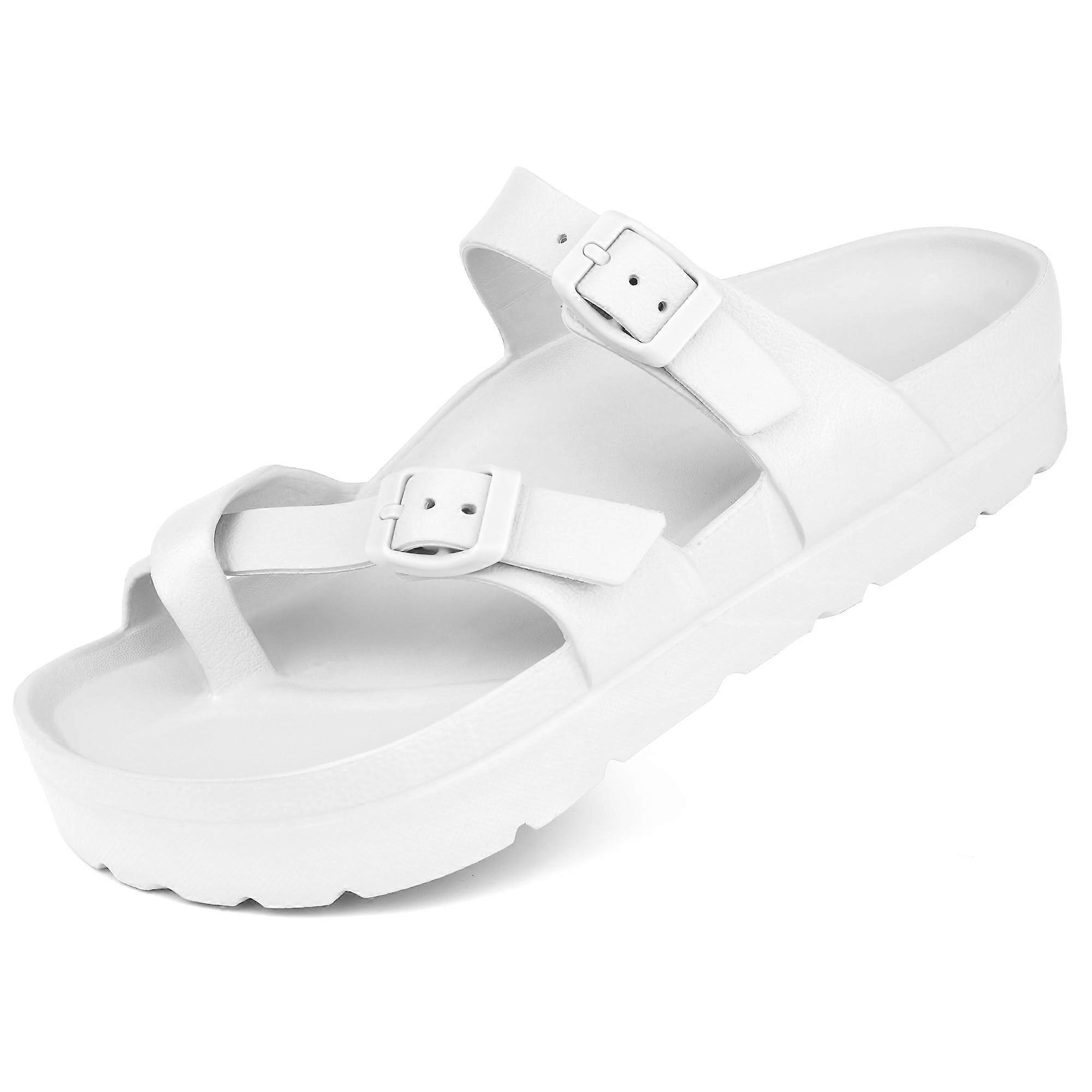 Women's Platform Flip Flop Sandals, Adjustable Double Buckle, Belt-Style Support, EVA Pillow Footbed, White, Size 6.5-7
