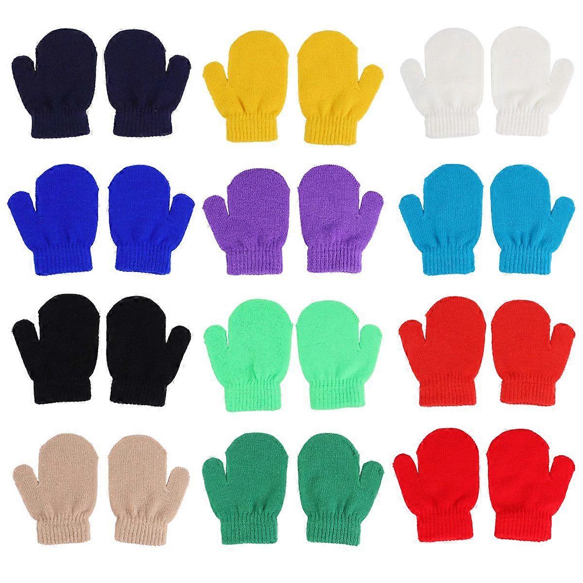 12 paires de gants en acrylique Gants d'hiver chauds en tricot monochrome pour enfants