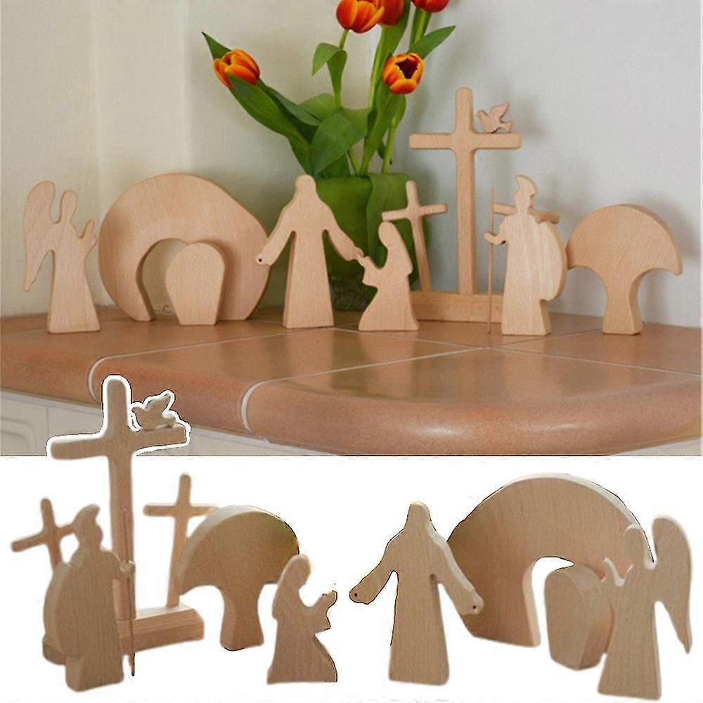 Wooden Easter Nativity Set Handcrafted Table Ornament Home Decoration